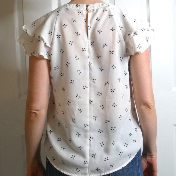 White Chiffon Blouse Size S Abstract Black Cats Face Ruffled Sleeve Top British - Picture 3 of 8